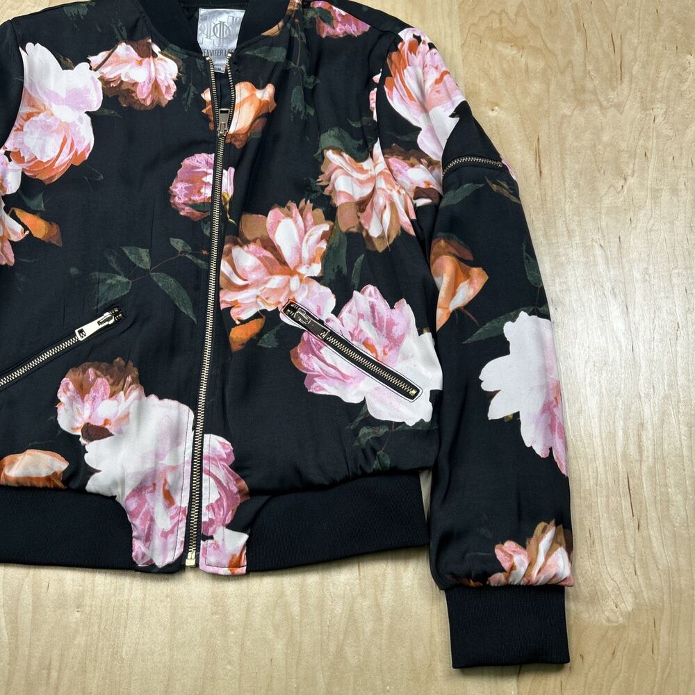 Jennifer Lopez Floral Bomber Jacket Black Pink Roses Zip Up Womens M Gold Zipper - Picture 3 of 12